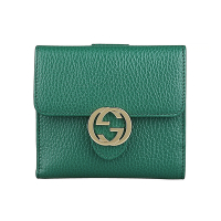 GUCCI 古馳 經典GG字電鍍金LOGO粒面牛皮10卡壓釦式對開短夾(綠)