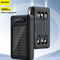 Awei P129K Portable Solar Power Bank 10000mAh With 3 in 1 Cable Fast Charge External Battery Powerbank Solar Charger for Phone