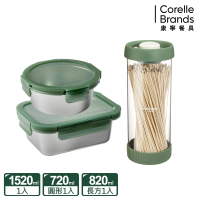 【CorelleBrands 康寧餐具】316可微波不鏽鋼保鮮盒+玻璃儲物罐3入組(C03)