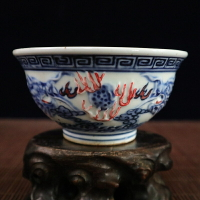 古玩收藏 景德鎮瓷器青花釉里紅浮雕雙龍戲珠紋瓷碗 茶碗飯碗裝飾