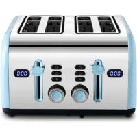 Toaster 4 Slice, REDMOND Wide Slots Retro Stainless Steel Toasters with LED Digital Countdown Timer Display, Blue