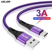 USLION USB Type C Cable For Samsung S22 Xiaomi POCO Mobile Phone Type C Fast Charging Wire Cord USB C Charger Cables Purple 3m