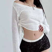 New design in pure desire style, ruched hollow-out off-shoulder knit top, women's thin short top