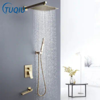 Brushed Gold Bathroom Shower Set In Wall Rainfall Shower Faucet Wall or Ceiling Wall Mounted Shower Mixer 8-12" Shower Head