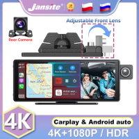 Jansite Car DVR 4K Dashcam Mirror Video Player Wireless Carplay Android Auto Dual Lens Rear Camera Adjustable Front Cam Recorder