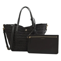 【TORY BURCH】金屬雙T LOGO手提包草編包兩用包(深咖)