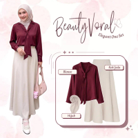 One Set Rok Korean Style Outfit Hijab ( Blouse Dasi Poliester Maroon + Rok Jodha Wanita + Hijab Segi