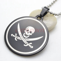 Black Stainless Steel Jolly Roger Pirate Skull Crossing Swords Round Charm Pendant Necklace