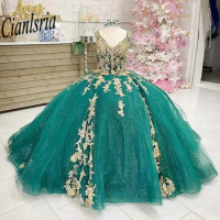 Glitter Crystal Ball Gown Quinceanera Dresses Cap Sleeve Sweetheart Appliques Vestidos XV Años Sweet 16 Dress Graduation