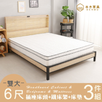 本木家具-羅格 日式插座房間三件組-雙人加大6尺 床墊+床頭+鐵床架