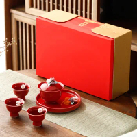 Hand-kneaded Flower Gaiwan Teacup Kung Fu Tea Set Ceramic Gaiwan Tea Cup Set Teaware Tea Bowl Red Chinese Wedding Tea Set Gift