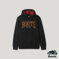 Roots 男裝- 格紋風潮系列 文字LOGO刷毛布連帽上衣-黑色