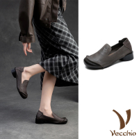 【Vecchio】真皮跟鞋 低跟跟鞋/全真皮頭層牛皮舒適百搭休閒低跟鞋(灰)
