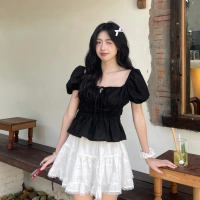 Áo babydoll linen kiểu xinh tay phồng tiểu thư công chúa bo thân nơ coquette ngực xinh xắn MA287 Ki