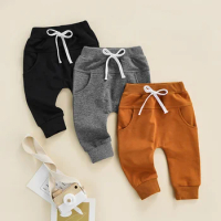 Toddler Baby Boys Girls Trousers Elastic Waist Adjustable Drawstring Solid Color Casual Loose Fit Long Pants For 0-3Yrs