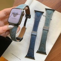 Retro Denim Magnetic Leather Band For Apple Watch 41mm 45mm 40mm 44mm 49 Link Bracelet For iWatch Series 8 Ultra 3 SE 6 7 Strap