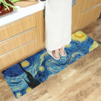 【半島良品】梵谷星空/頂級防油防滑皮革地墊_45x120cm(廚房 門口 止滑 防水 免打理 回彈 地墊 地毯 防摔)