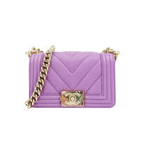 CHANEL 香奈兒 Mini Boy 粒紋牛皮淡金釦壓邊斜背包-15cm(A67364-紫)