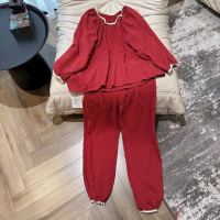Bộ ngủ dài tay đỏ thẫm hoa nhí chất xô muslin đồ ngủ nhà Vani