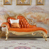 European style chair bedroom leather beauty bed solid wood toffee chair living room single sofa bed balcony lounger