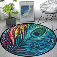 Peacock Feathers Chic Mandala Bohemian Printed Round Flannel Floor Rugs Non Skid Soft Circle Carpet For Bedroom Living Room