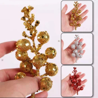 Artificial Cherry Berry Glitter Xmas Tree Ball Flower Branch Hanging Ornaments Christmas Decorations For Home New Year Gift