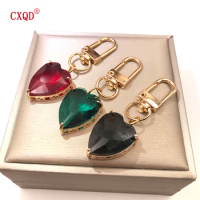 Peach Heart Glass Pendant Keychain Key Ring for Women Men Gifts Fashion Cartoon Bag Air Pods Box Car Phone Accessories Jewelry