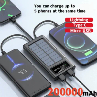 80000mAhTop Solar Charger Solar Power Bank Built Cables Portable Power Source 2 USB Ports For Xiaomi Iphone With LED Light New