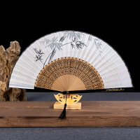 中國風折扇女式扇子古風水墨畫真絲綾絹扇面日常隨身鏤空雕刻竹扇