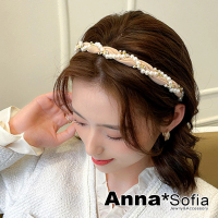 【AnnaSofia】韓式髮箍髮飾-緞繞珠鑽鍊 現貨(杏金系)