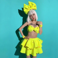 Bar Nightclub DS DJ Stage Gogo Dance Costumes Fluorescent Yellow Bra Skirts Bow Headwear Sexy Pole Dance Festival Outfit XS5917