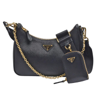 【PRADA 普拉達】經典TESSUTO三角LOGO防刮牛皮拉鍊手提/斜背兩用包(黑1BH204-SAFFIANO LUX-NERO)