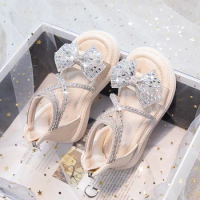 Girls' Sandals 2024 Summer New Girls' Baby Soft Soled Diamond Bow Princess Open-toed Sandals