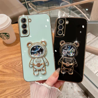 3D Astronaut Bear Stand Plating Quicksand Case For Samsung Galaxy S24 S23 Ultra S22 Plus S21 FE S10+ S9 S8 Note 20 10 9 8 Cover