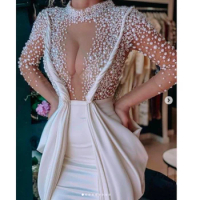 beaded prom dresses 2022 long sleeve pearls satin floor length evening dresses gowns mermaid evening gowns white