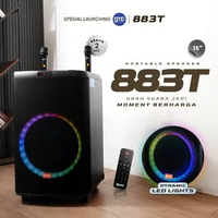 GMC Speaker 883T – Bluetooth Karaoke Speaker 15 Inch – 195W, LED Light, Gratis 2 Mic Wireless, USB, 