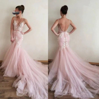 New Pink Evening Dreses Robe De Soiree Appliques Long Evening Gowns Formal Sexy Evening Dresses Abendkleider Elegant Formal Gown