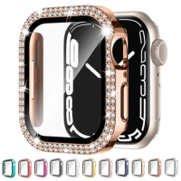 Diamond Cover+Glass for Apple Watch SE Series 7 6 4 3 5 2 Bling Case For Iwatch 41 45mm 38 42mm 40 44mm Women Watch Accessories