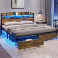 King Size Bed Frame with Storage &amp; LED Light Headboard &amp; 2 Drawers for indoor bedroom furniture