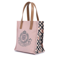 【DAKS】經典品牌圖徽格紋帆布皮革手提袋(小款-淺粉色)