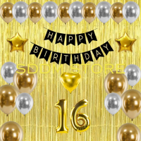 Paket Set Dekorasi Acara Pesta Ulang Tahun Anak Warna Gold Banner Tirai Gratis Balon Angka Latex Bir
