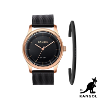 【KANGOL】1+1限量禮盒組！弧形流線時尚腕錶+簡約Logo手環 - 黑帶金框 KG71238