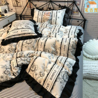 北歐風水洗棉床包四件組 標準/加大雙人床包組 淡藍色素雅荷葉花邊床包 山茶花少女被套 床單 床罩 雙人床包 枕頭套 被單