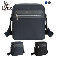 【Lynx】美國山貓十字紋牛皮防潑水尼龍布包直式側背包 多格層收納-藍/黑