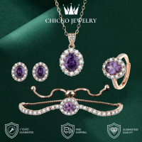 Set perhiasan dua bagian dengan gelang anting kalung dan cincin batu zironia ungu yang super berkila
