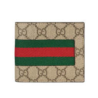 【GUCCI 古馳】Ophidia GG 塗層帆布綠紅對開零錢袋短夾(米色/烏木色)