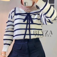 [Beyza Apparel] Eily Atasan Wanita Rajut Motif Garis Kerah Lucu Bahan Acrylic Best Seller Gemas Raju