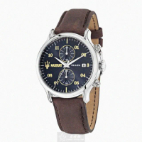 【MASERATI 瑪莎拉蒂】MASERATI手錶型號R8871618001(寶藍色錶面銀錶殼咖啡色真皮皮革錶帶款)