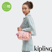 『牛角包』Kipling 粉橘花卉印花多袋實用側背包-GABBIE S