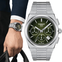 【TISSOT 天梭 官方授權】PRX系列 復古風酒桶型三眼計時機械錶-41.5mm/綠 情人節 禮物(T1374271109100)